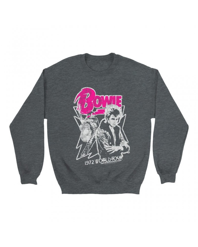 David Bowie Sweatshirt | Pink And Silver 1972 World Tour Distressed Sweatshirt $17.13 Sweatshirts